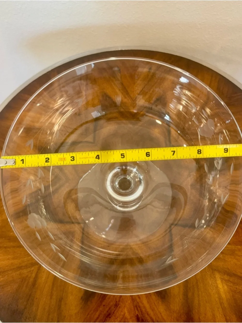 Princess House Heritage Clear Etched Glass Compote Bowl 9 5/8 X 7” Hand Blown